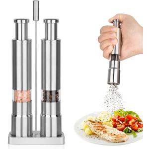 Salt and Pepper Grinder Set,Small Stainless Steel Manual Salt Grinder,Thumb Refillable Mini Salt Grinders Shakers With Base For Kitchen, Home, Travel, Camping, Cooking(Silvery)