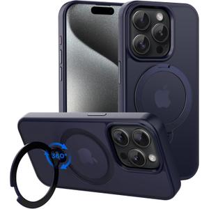 CACOE Magnetic Case for iPhone 15 Pro 6.1 inch with 360 Rotatable Ring Stand, Compatible with MagSafe Car Phone Mount, Cases Cover Phone Holder for Desk Meeting/Videos Dark Blue