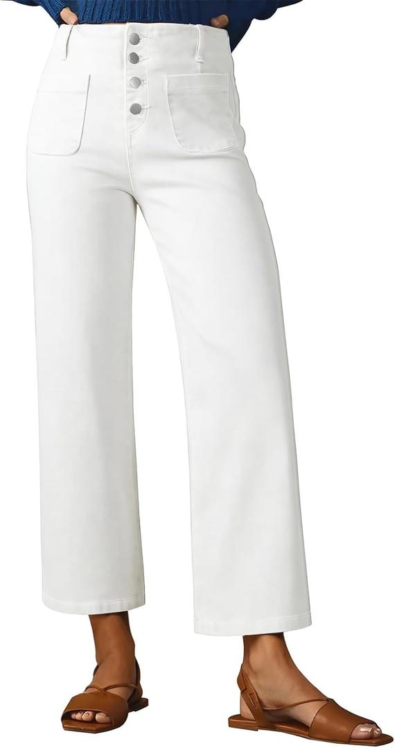 Sidefeel Women's Wide Leg Jeans High Waisted Stretchy Straight Leg Jeans Buttoned Loose Denim Pants with Pocket White Size 10 Short