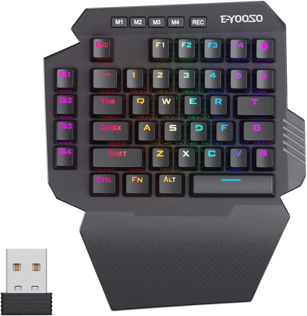 HUO JI Wireless One Handed Mechanical Gaming Keyboard, 6 Onboard Macro Keys, 2.4Ghz and USB-C Wired Dual Mode, RGB Led Backlit Blue Switch, Wrist Rest, Durable Battery