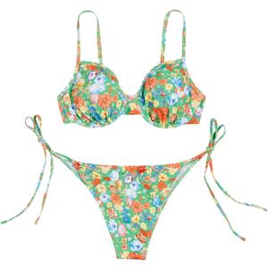 SOLY HUX Women's Bikini Sets Underwire Bathing Suits High Waisted Tie Side Two Piece Swimsuits Green Floral S