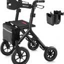 MAXWALK Rollator Walker with Seat, Tall Walkers for Seniors, 12" Big Rubber Wheels All Terrain Rollator Walker with Backrest, Built-in Cable, Foldable and Dual Adjustable Height for 5.3-7ft, Black