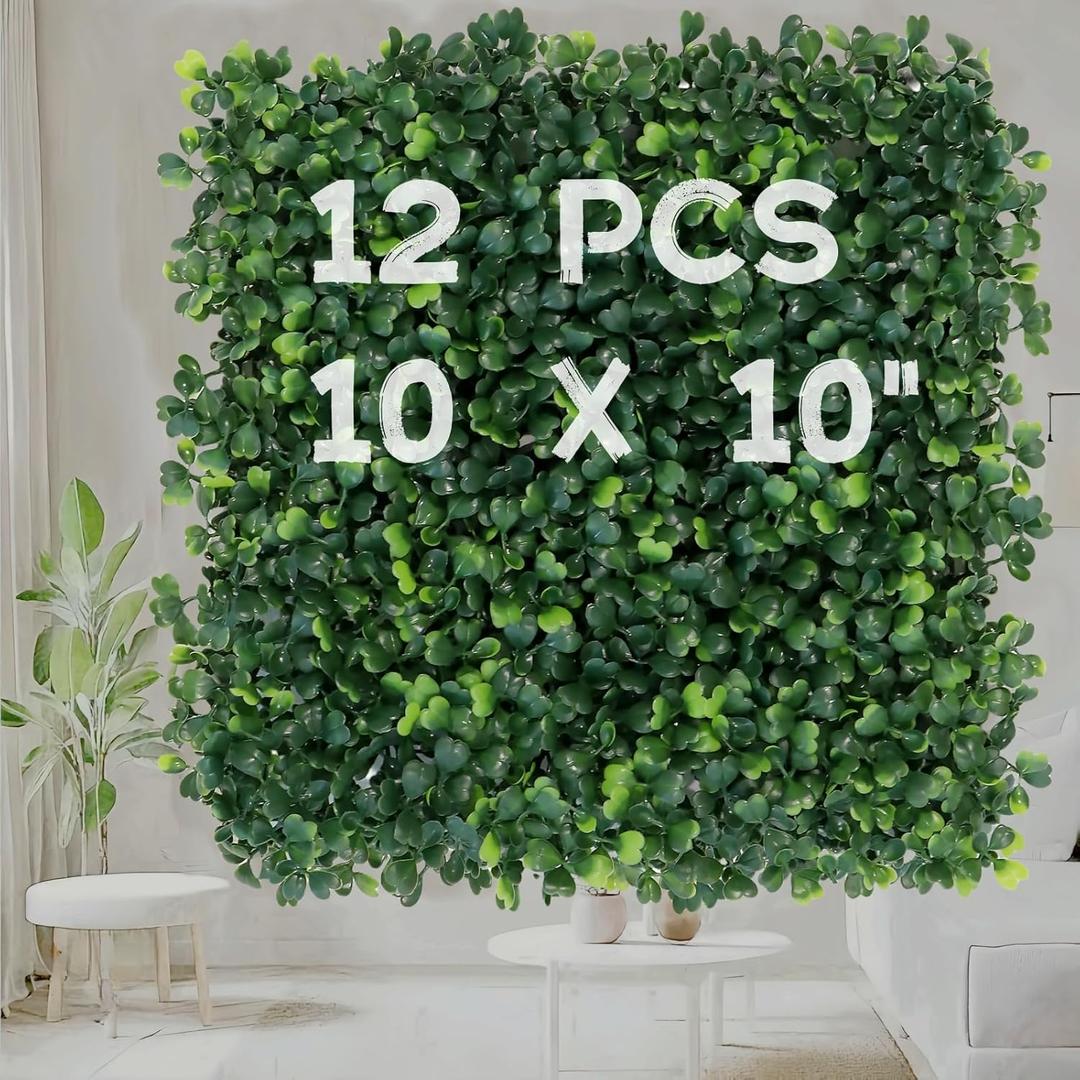 12Pcs 10"x10" Artificial Grass Wall Boxwood Panels Greenery Wall Backdrop Fake Hedge Wall Panels for Indoor Outdoor Garden, Grass Wall Decor Privacy Hedge Screen Patio Party Wedding