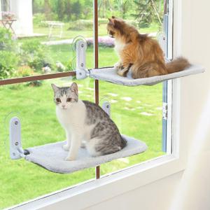 Zoratoo 2PC Cat Window Perch Cordless Foldable Cat Hammock Bed for Window with Metal Frame and Reversible Cover, Large Suction Cups Window Resting Seat for Indoor Cats (M-2PC) (Grey, Cat Bed - L)
