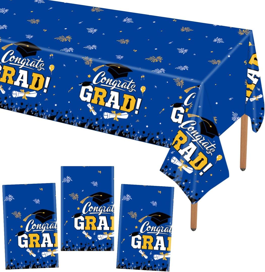 STARSIDE Set of 3 Plastic 2025 Graduation Tablecloth,54"x108" Graduation Party Table Decorations,Congrats Grad Disposable Tablecovers for Congrats Grad Party Supplies (Blue)