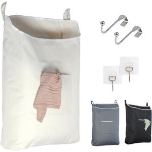 The Fine Living Co. Hanging Laundry Hamper with Over Door Hooks & Adhesive, Durable Space Saving Laundry Bag with Zipper and Wide Open Top, Hanging Dorm Laundry Hamper 18"x4.75"x28" (Beige-L)
