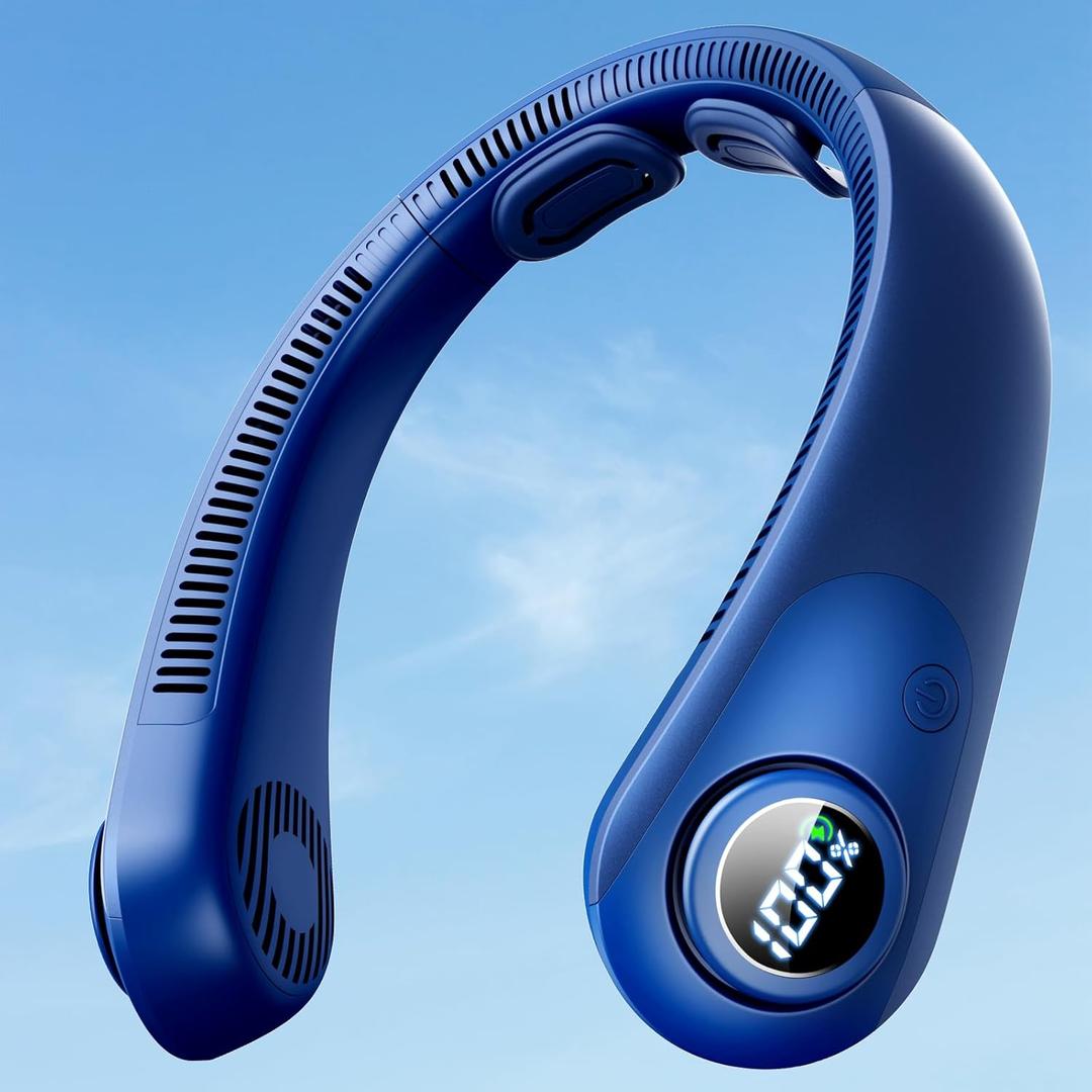 Portable Neck Fan With LED Display, Hands-free 5 Speeds Cooling, Neck Support, Lightweight, Battery Operated, Personal Bladeless Fan Rechargeable, Gift for Women Men, Hot Flashes, Travel, Camping (Dark Blue)