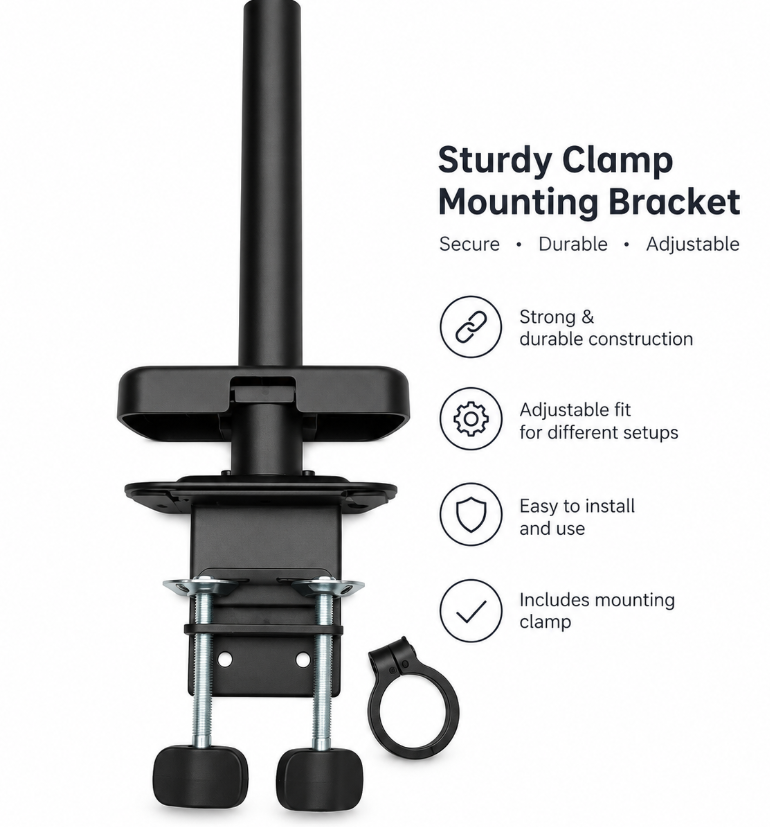 Heavy-Duty Adjustable Clamp Mounting Bracket – Durable metal construction with adjustable clamps for secure and stable mounting. Easy to install and suitable for various setups, Includes mounting ring 