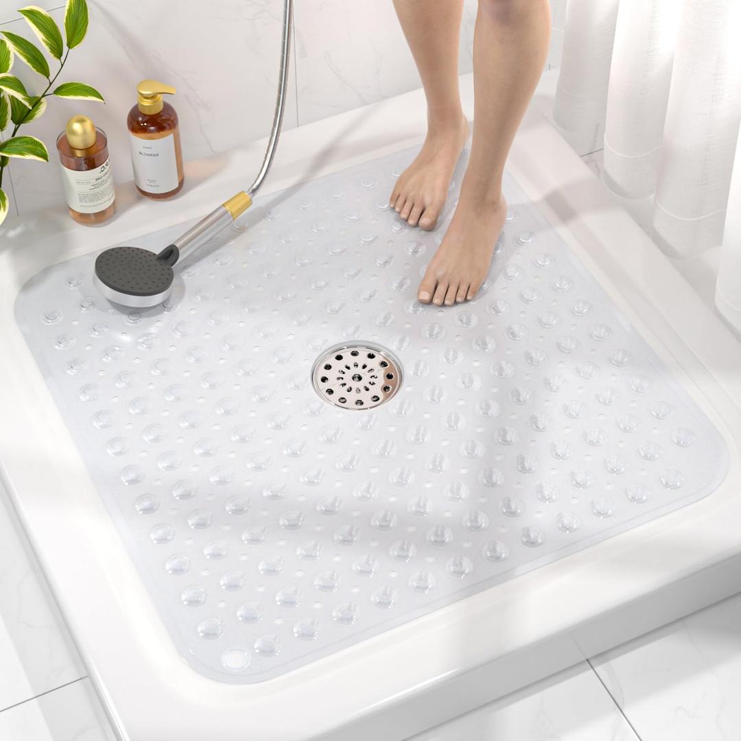 HITSLAM Shower Bathtub Mat Non Slip, 24"x 24" Bath Mat for Tub, Soft PVC Shower Mats for Inside Shower with Suction Cups and Center Drain Hole, Machine Washable Bathroom Floor Mat, Clear
