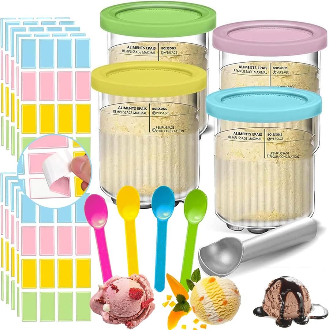 NLXCXUCY 4 Pack Containers Replacement for Ninja Creami Pints and Lids with 160pcs Waterproof Removable Labels,24oz Compatible with Ninja NC501 NC500 Series Ice Cream Makers XL Cups