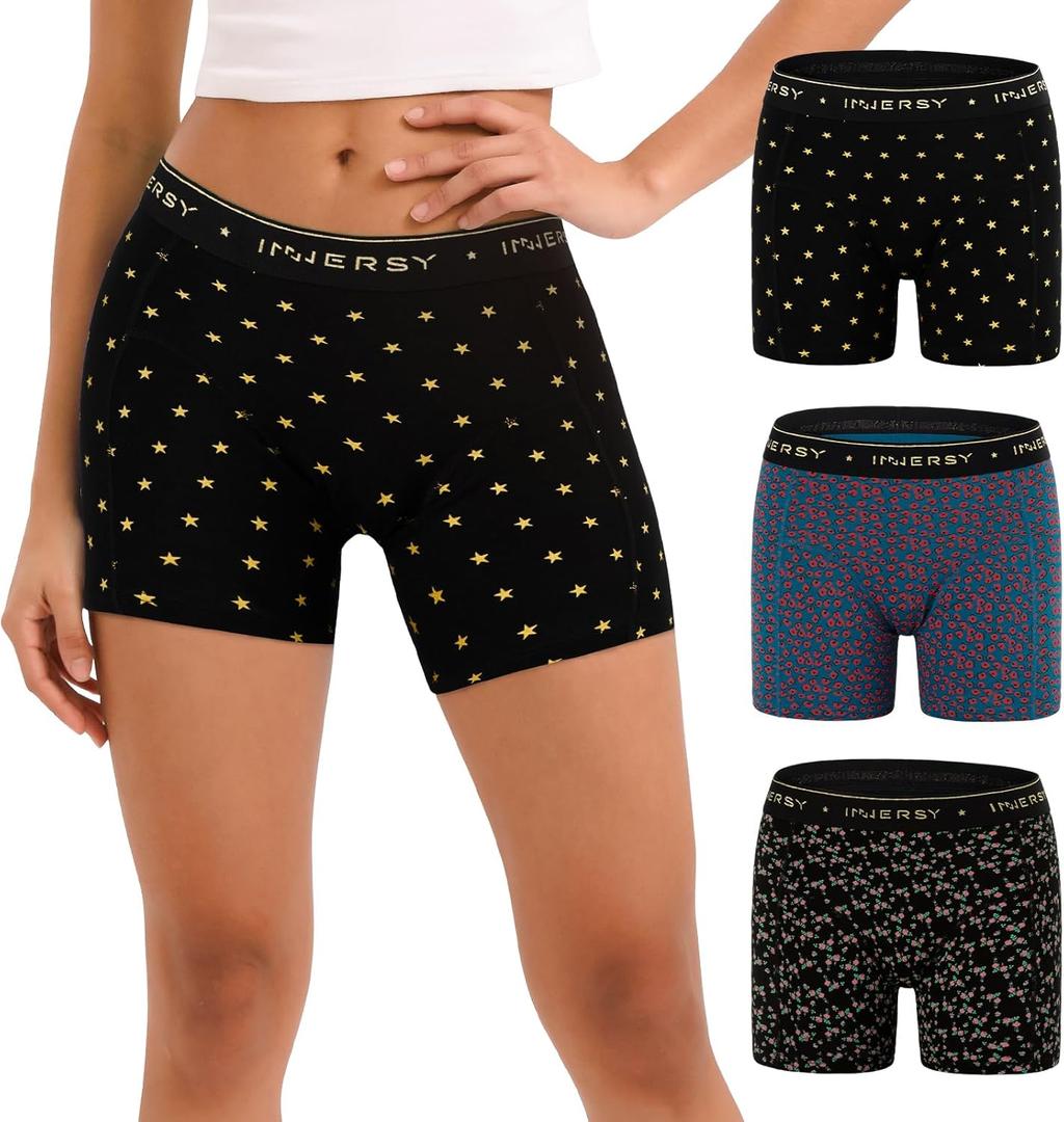 INNERSY Women's 4" Inseam Boxers Briefs Cotton Boyshorts Underwear Ladies Panties 3-Pack (Large, Flower-covered)