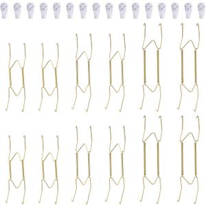 12 Piece Plate Hangers, 8/10/12 Inch Invisible Brass Wall Plate Hangers, Comes with 16 Piece Wall Hooks for Decorative Plates (Gold)