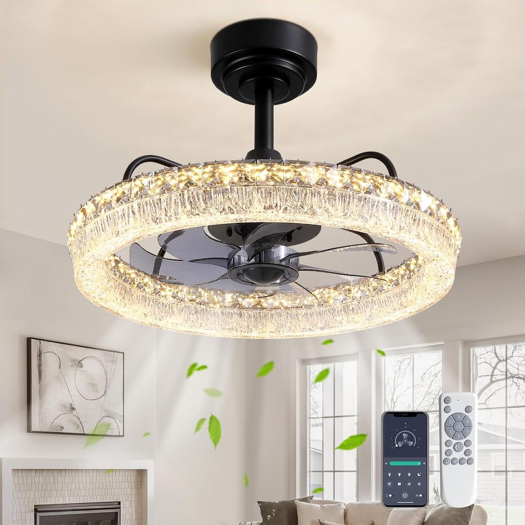 Ceiling Fan with Lights and Remote, 20'' Modern Flush Mount LED Fan Light, 3000-6000K Dimmable Low Profile Fandelier Ceiling Fans for Bedroom, Kitchen, Living Room, Black