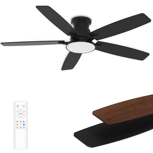 Flush Mount Ceiling Fan with Light, 52 Inch, Remote Control, 3CCT Dimmable LED, 6-Speed Silent Reversible DC Motor, Low Profile Hugger Ceiling Fan for Indoor/Outdoor 90-264V 50/60Hz Matte Black