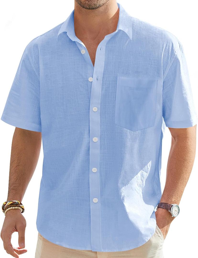 J.VER Men's Cotton Linen Short Sleeve Shirts Casual Lightweight Button Down Shirts Vacation Beach Summer Tops with Pocket (Large)