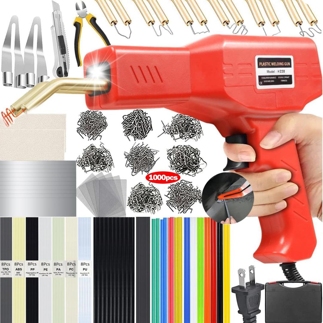 Upgraded 220W Plastic Welder, 2 in 1 Plastic Welding Kit Plastic Repair Welder Kit 1000PCS Hot Stapler Soldering Gun with 100PCS Plastic Welding Rods Car Bumper Repair Kit for Most Plastic Repair (Red)