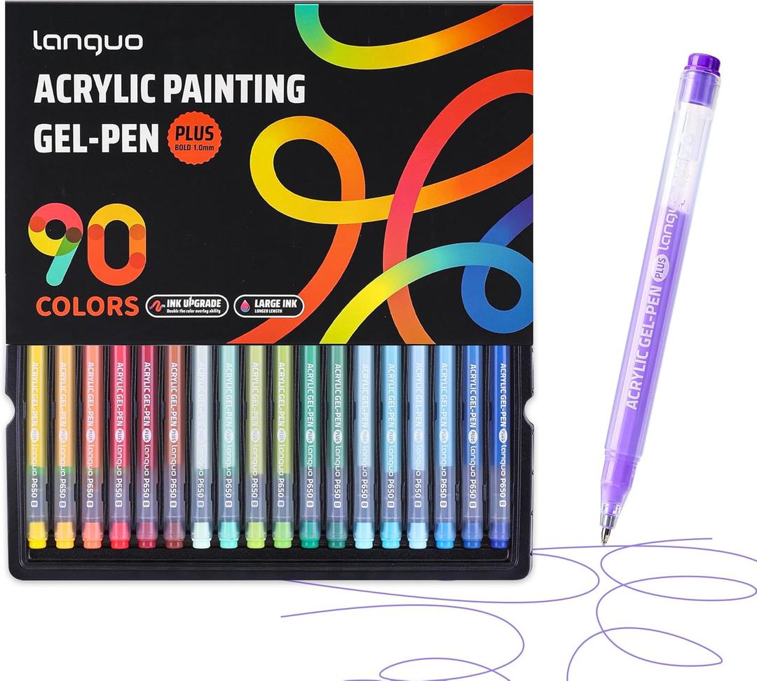 languo Acrylic Gel Pens for Coloring, 90 Colors Set 3D Acrylic Paint Pens with 1.0mm Bullet Tip for Adult Coloring, Colored Gel Pens for Black Paper, Rock, Glass, Fabric, DIY and Art Crafts Supplies