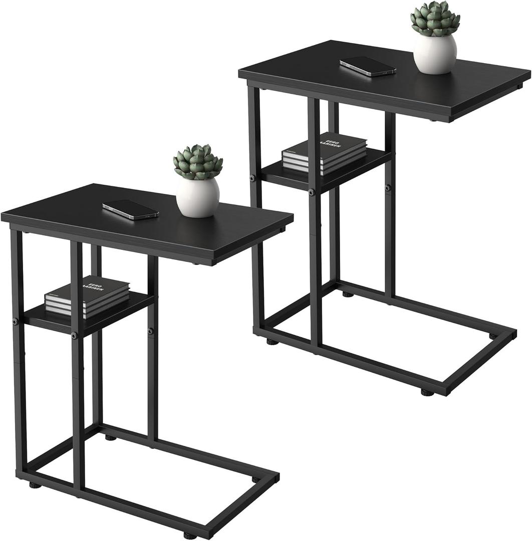 C Shaped End Table Set of 2, C Table End Table with Storage Shelves for Living Room Bedroom, Sturdy C Shaped Side Table for Couch Sofa Bedside Small Space, Slide Under Couch Table, Black