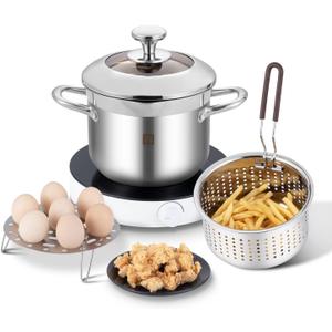 GOLDEN KEY Deep Fryer Pot with Basket and Lid,4.0L/4.2QT 304 Stainless Steel Standard Capacity Multi-function Cooking Pot with Strainer Basket for Kitchen Camping