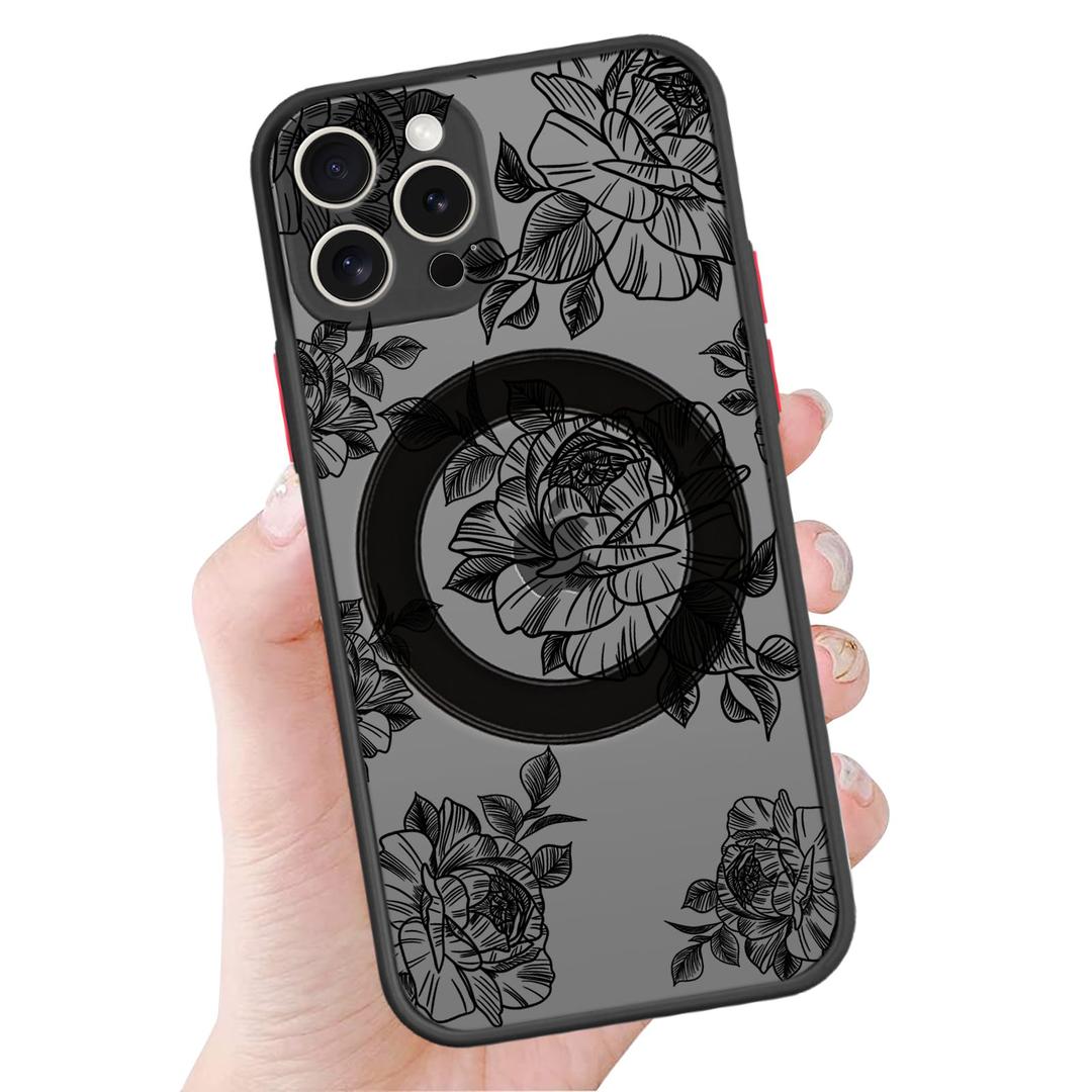 Zrutru Black Flower Magnetic Case for iPhone 16 Pro Compatible with MagSafe, Floral Anti-Fall Shockproof Protective Phone Case - Aesthetic Cute Black Flower Design for Women Girls