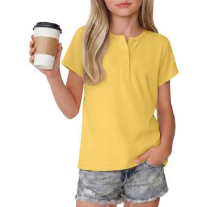 Girl's Short Sleeve Shirts Henley Round Neck Button up Tops Loose Fit Summer Basic Tees