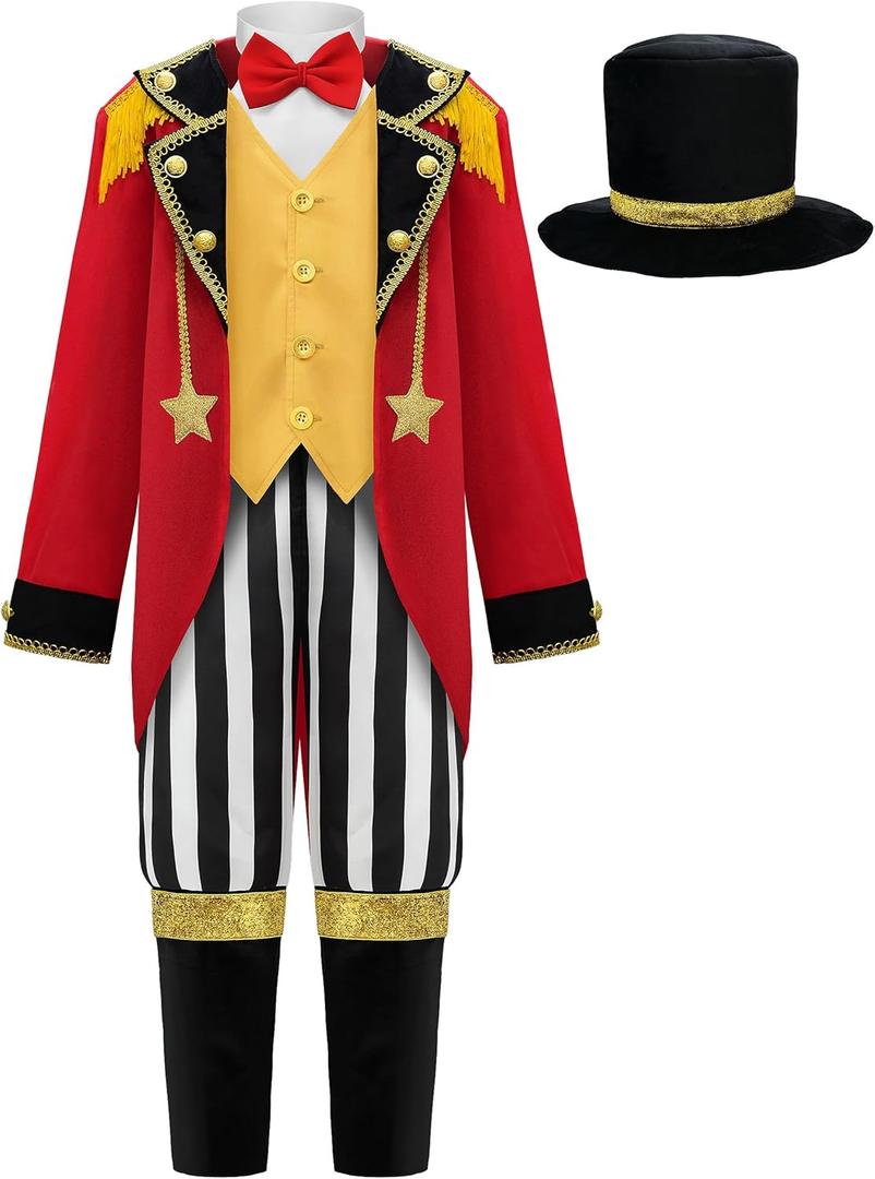 ReliBeauty Circus Ringmaster Costume for Kids 2 Pieces Set with Hat, 140 Red