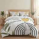 WeCozy Queen Size Comforter Set with 2 Pillowcases, Mid Century Leaf 3 Pcs Bedding for Kids and Adults, Summer Green Geometric Soft Comforter Set for Bedroom Bed Decor