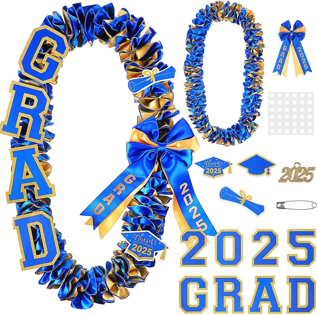 Yinkin Graduation Ribbon Leis Set Class of 2025 Handmade Double Braided Necklace Adjustable Silk Leis Grad Cutouts 2025 Pendant for Graduation Party (Blue and Gold)