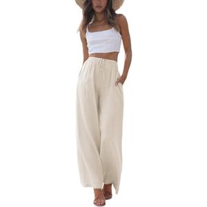 Faleave Women's Cotton Linen Summer Palazzo Pants Flowy Wide Leg Beach Trousers with Pockets, S