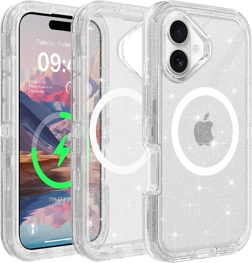 for iPhone 17 Case Compatible with MagSafeShockproof, 3-Layer Drop Protection, Heavy Duty Magnetic Protective Phone Case Cover, 6.3", Clear Glitter