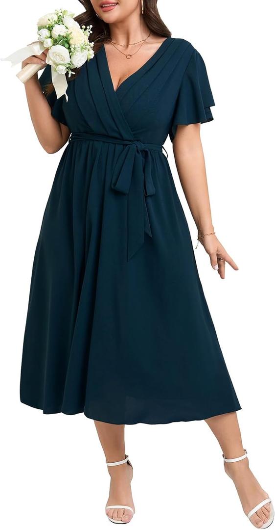 Womens Plus Size Dress Wedding Guest Cocktail Pleated V Neck Faux Wrap V Neck Flowy A Line Midi Dresses with Belt (XL)