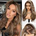 HAIRCUBE 13x6 HD Synthetic Lace Front Wig, 24 Inch Brown Highlight Long Curly Layered Wigs, Natural Density Hairline Glueless Wigs for Women Daily Use