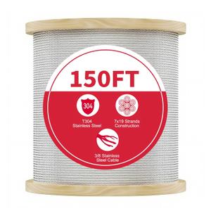3/8 Stainless Steel Cable with 7x19 Strands and 12000lbs Breaking Strength 304 Stainless Steel Wire Rope for Aircraft Cable 150FT