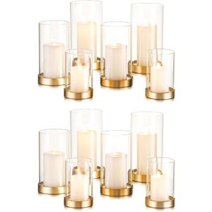 Hewory Hurricane Candle Holder for Pillar Candles: Gold Votive Candle Holders Set of 12, Glass Hurricane with Metal Candle Plate, Pillar Candle Holder for Table Centerpiece Wedding Holiday Home Decor