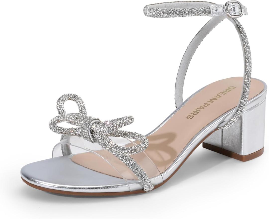 DREAM PAIRS Women's Double Bowknots Crystal Sandals Low Chunky Heels Clear Slingback Dress Shoes for Wedding Bridal Party (8)