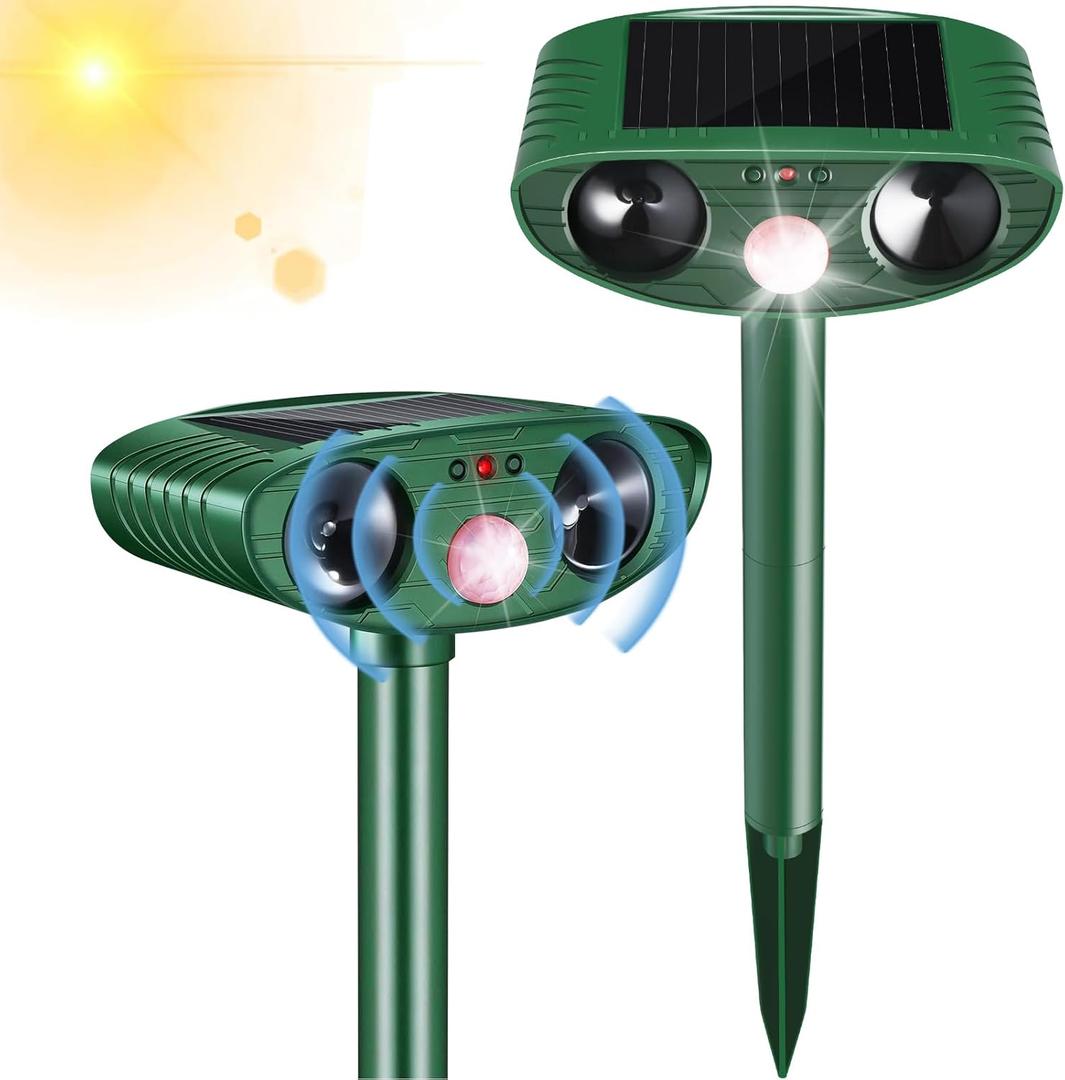 2 Pack Solar Animal Repeller Outdoor, Cat Deterrent with Ultrasonic & Flashing LED - Night Time Motion Activated Pest Control for Garden Yard to Repel Cats, Raccoons, Deer, Skunks, Squirrels (Green)
