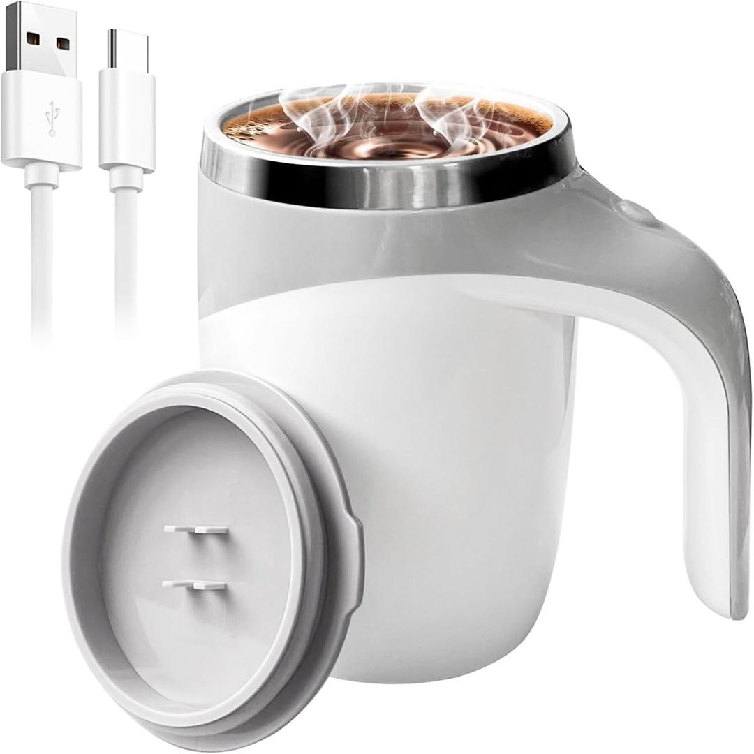 Self Stirring Coffee Mug, Electric Self Mixing Mug Automatic Magnetic Coffee Cup, Rechargeable 380ML Stainless Steel Cup for Milk Cocoa Tea Hot Chocolate (White)