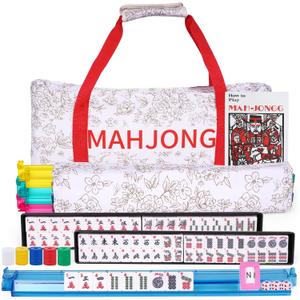 American Mahjong Game Set with Printed Carrying Bag, 166 White Tiles with Accessories,4 All-in-One Color Racks/Pushers,for Beginners (Ma Jong, Mah-Jongg), 1.2 x 0.9 x 0.5 inches