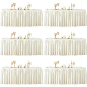 6 Packs Ivory Polyester Tablecloths Rectangle Tables 8ft, Stretch Fitted Table Covers for 8 Foot Tables Wrinkle Free Rectangle Table Cloth with Skirt for Birthday Party Events Banquet Baby Shower