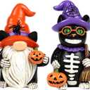 Halloween Gnome Decorations Black Cat Decor 2 PCS Home Vintage Figurines Funny Resin Tabletop Ornaments Indoor Holiday Collectible Statue for Women Men Kids