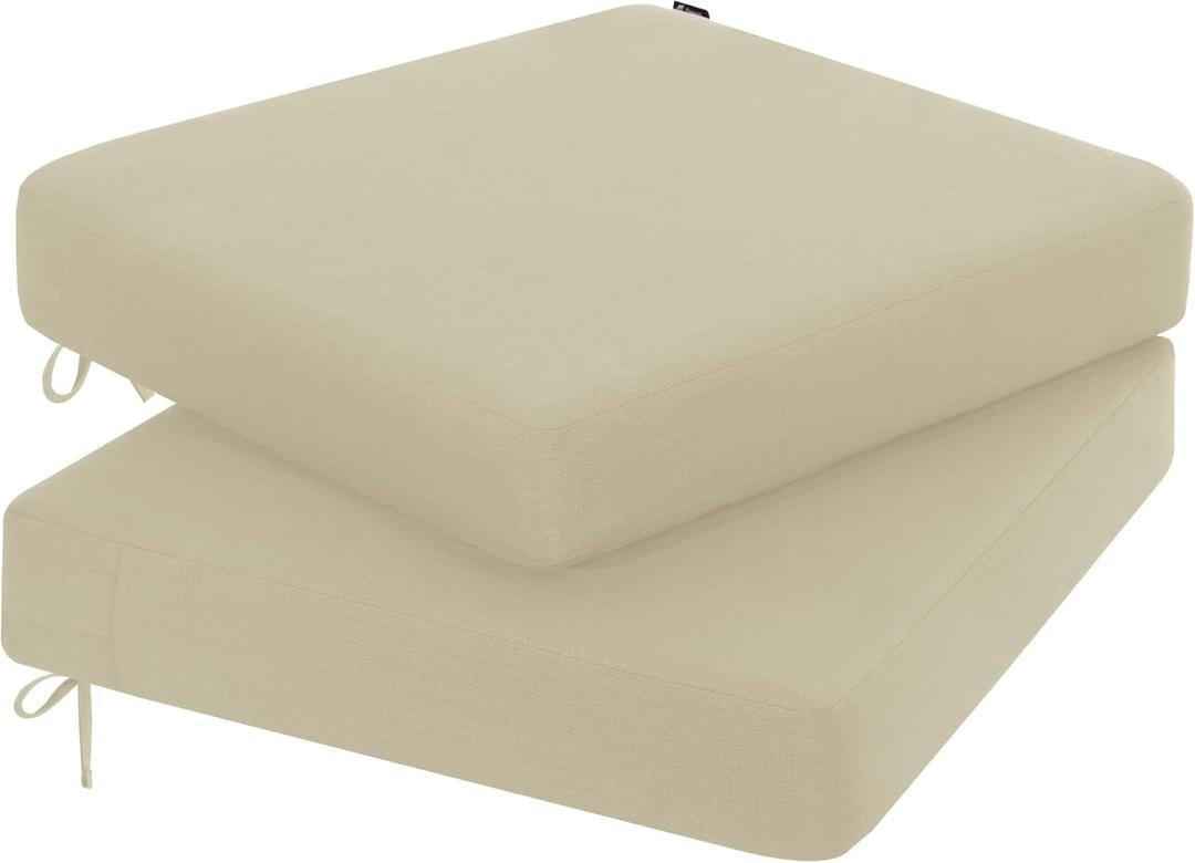 Favoyard Outdoor Chair Cushion 19 x 19 x 3 Inch Rainproof & 3-Year Fade Resistant Patio Furniture Cushions with Removable Cover and Adjustable Ties for Garden Sofa Couch Pads Set of 2, Beige