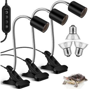 Hortsun 3 Set Timing Turtle Heat Lamp with Clamp Aquarium Turtle Tank Basking Light with Cycle Timer Dimmable 50w Uva Uvb Full Spectrum Sun Sunbathe Heat Bulb for Reptile Snake Aquarium Amphibian