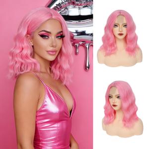GUOJIAN Pink Bob Wig 14 Inch Short Wavy Curly Shoulder Length Wig for Women Middle Part Natural Looking Heat Resistant Synthetic Wigs for Daily Party Use