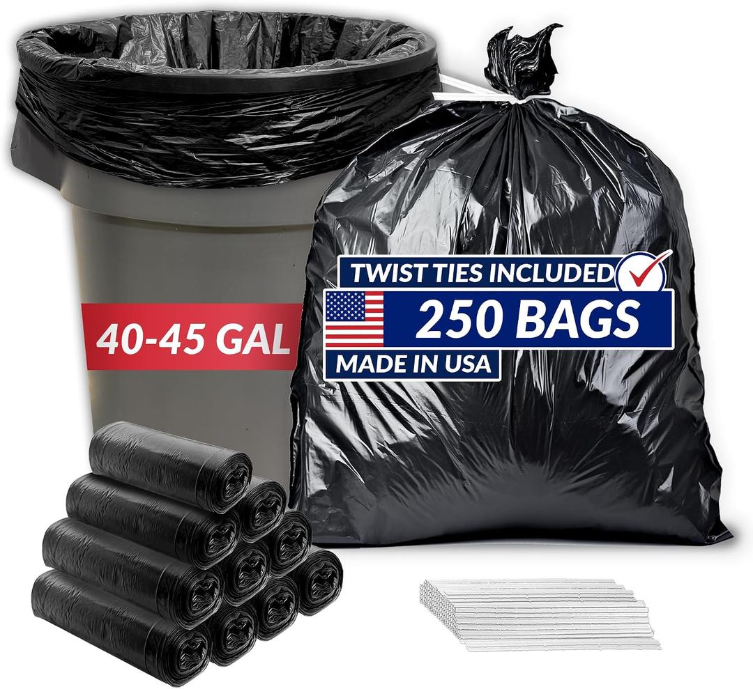 40 to 45 Gallon Trash Bags Heavy Duty | 250 Trash Bags, Twist Ties | Black, Serious Garbage Cleanup | Large Garbage Bags with Twist Ties, Made in USA | SuperValue