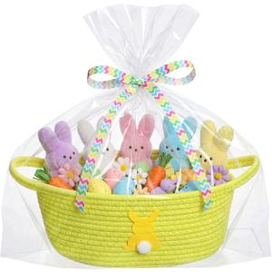 Teenyyou Woven Easter Baskets with Gift Bags & Ribbons, Small Cotton Woven Baskets for Gifts Empty, Rope Easter Basket with Handle for Gift Wrapping Egg Hunt Storage, 12"x 8" x 5"(1 Pcs,Light Yellow)