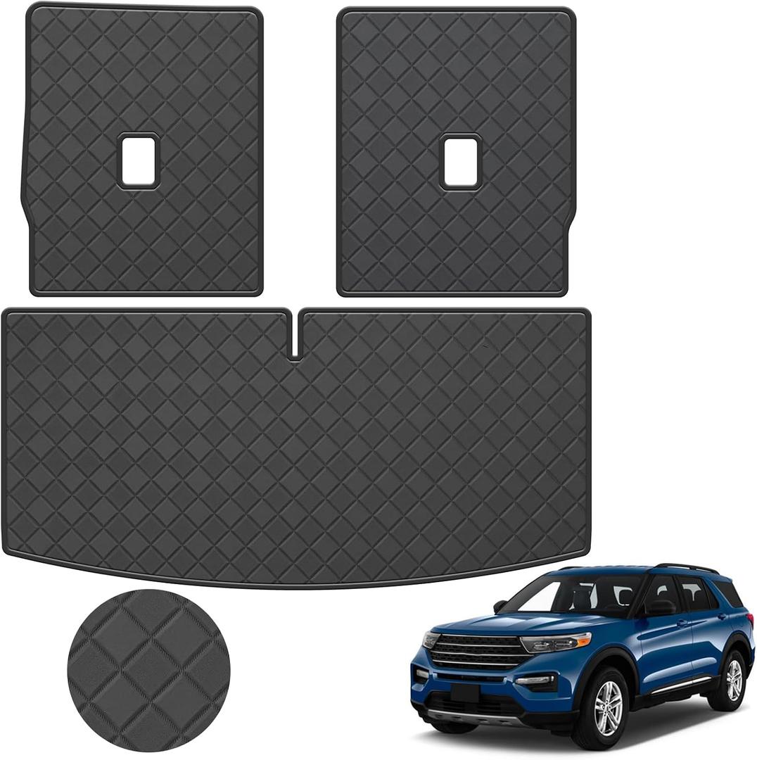 Trunk Mat & Backrest Mat for 2020-2025 Ford Explorer 6&7 Seats - Custom Fit PU Leather Cargo Liner and Rear Backrest Protector - All Weather Anti-Slip Waterproof Cargo Mats (Black Diamond)