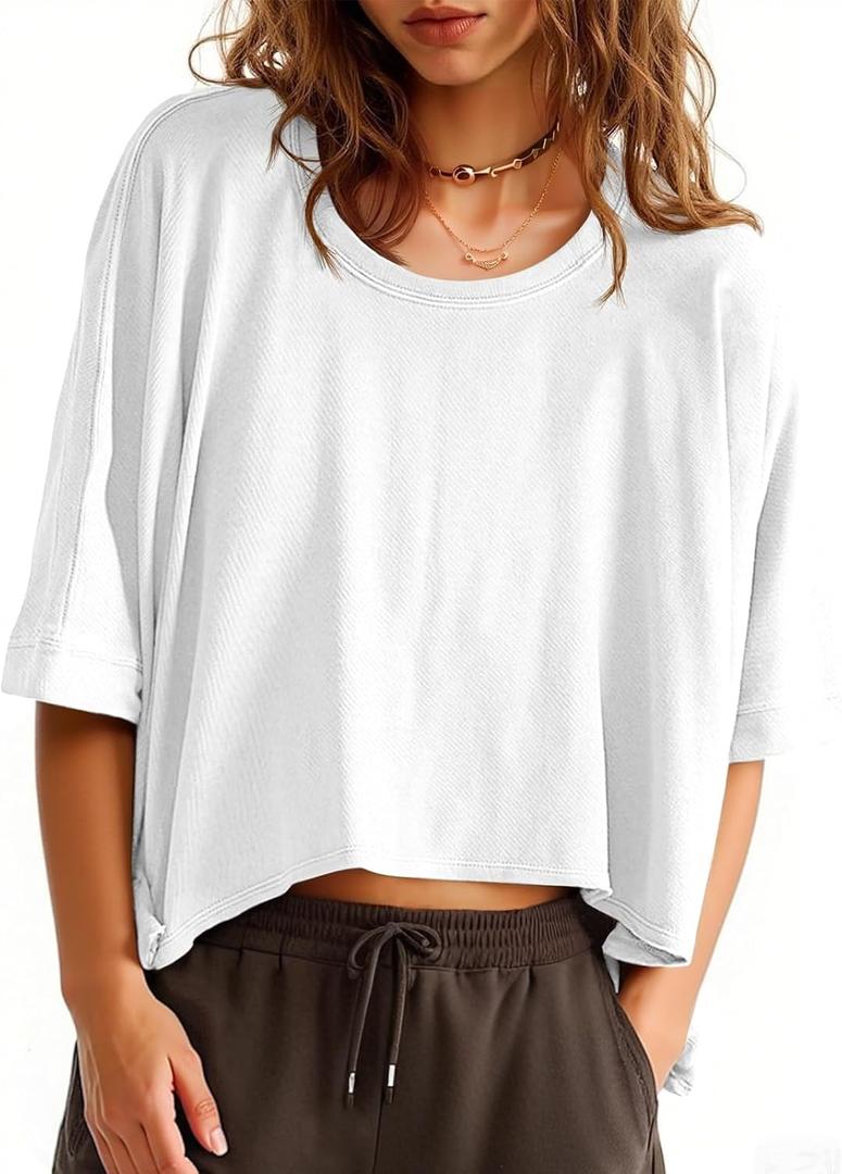 Tankaneo Womens Oversized T-Shirts Cropped Summer Casual Short Sleeve Loose Fit Tee Tops, White Size L