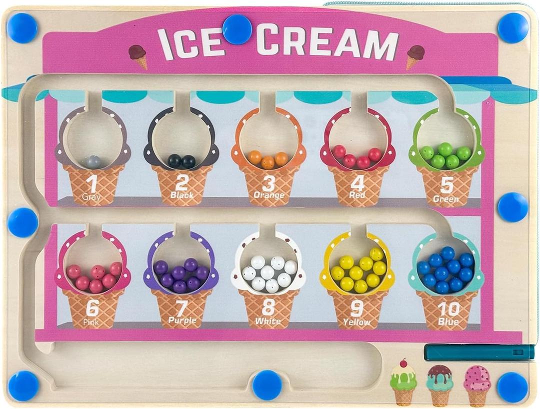 Montessori Toys for 3+ Year Old, Ice Cream Magnetic Color and Number Maze, Wooden Puzzle Activity Board, Learning Educational Toy for Toddler 3 4 5, Toys Idea Christmas Boy Girl