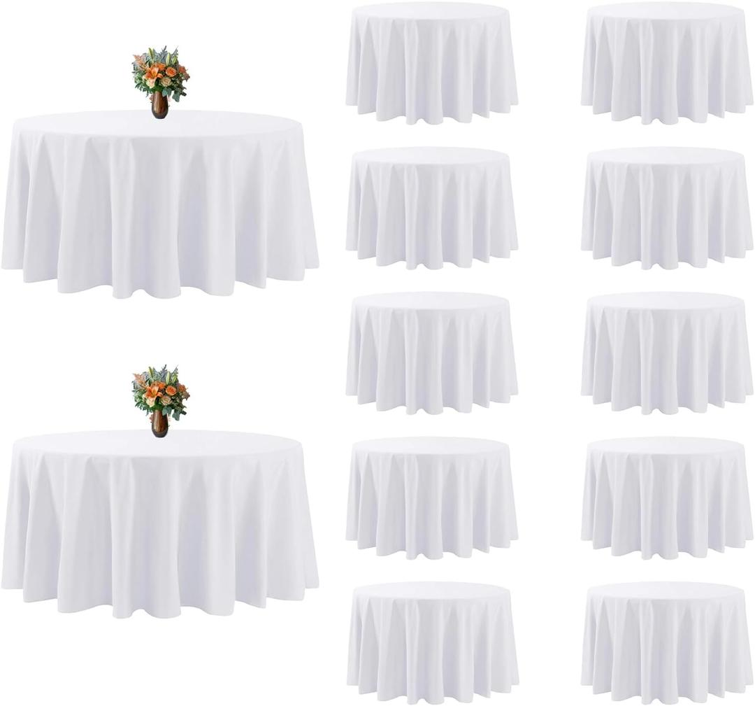 Round Tablecloth - Water Resistant Spill Proof Washable Polyester Table Cloth Decorative Fabric Table Cover for Dining Table, Buffet Parties and Camping (White, 12Pack 90inch)