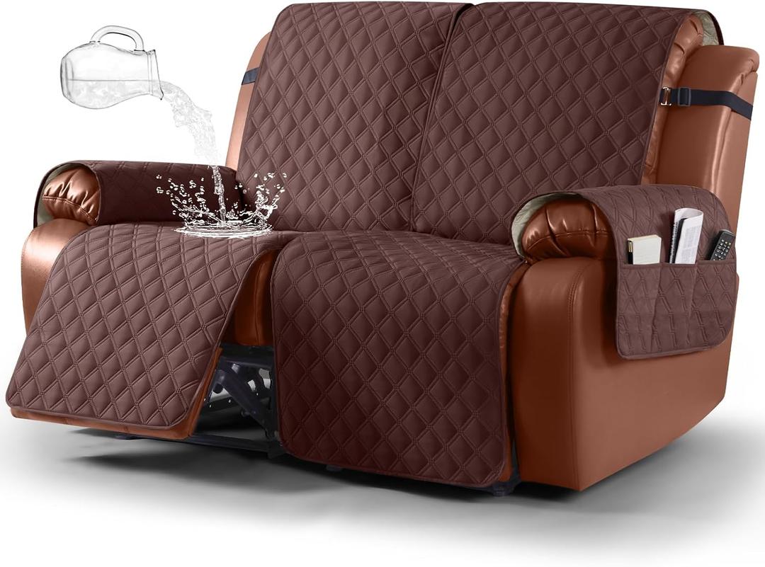 Ruaozz Waterproof Recliner Sofa Covers, 1-Piece Couch Covers for Reclining Couches Reclining Couch Cover Washable Furniture Protector with Elastic Straps Pocket for Kids Pets (Coffee, 2 Seater)